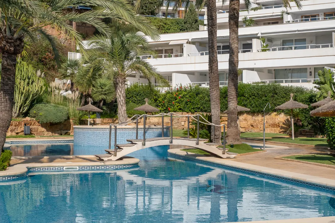 Community swimming pool with palm trees and sunbathing area in Puerto Portals apartment complex Mallorca.